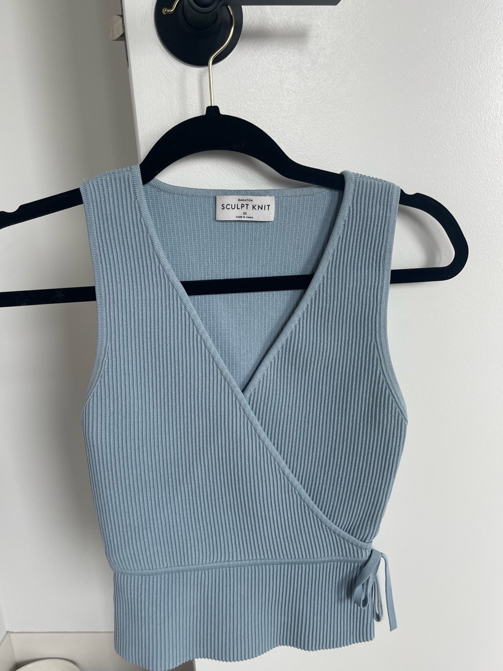 Aritzia Women's Light Blue Ribbed Wrap Knit Top